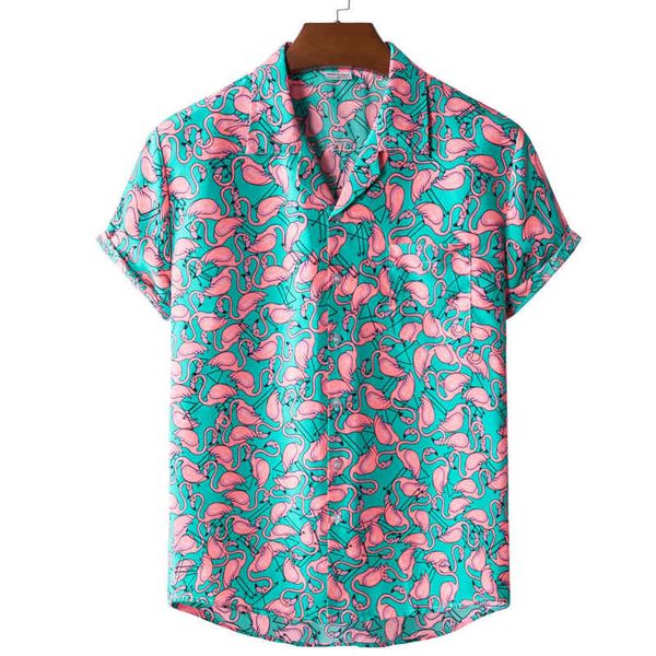 Фламинго рубашки мужчины с коротким рукавом принт повседневные мужские рубашки алохи пляж праздник гавайских камбасов летний бренд уютный Camisa 210524