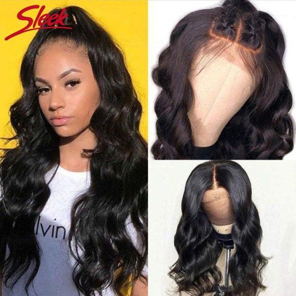 

sleek 4x4 lace closure wigs human hair peruvian body wave for black women 30 inches long wig pre plucked1, Black;brown