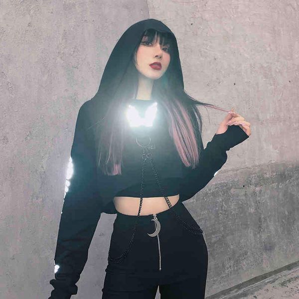 

tee gothic women's black hoodie, long harajuku reflective printing street clothing, metal chain jacket, White