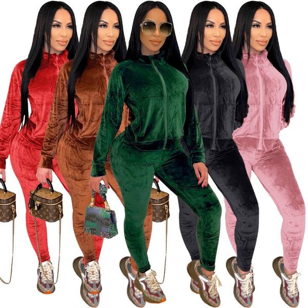 

women's two piece pants winter velvet set women tracksuit zipper jacket and skinny sweatpants matching sets casual sport suits, White