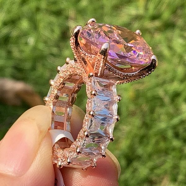 

2020 new selling luxury jewelry 925 sterling silver&rose gold fill large pink sapphire cz diamond pear cut gemstones women wedding ring, Slivery;golden