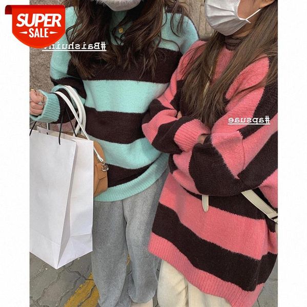 

round neck striped sweater women's lazy wind loose outer wear warm thick pullover blouse net red #az5h, White