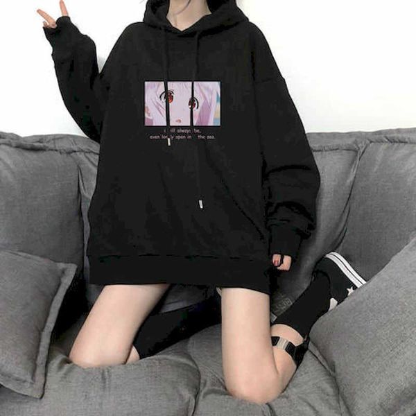 

kawaii women's hooded sweatshirt autumn winter korean students' loose bf plush thickened large size slim coat hip hop hoodies 2105, Black