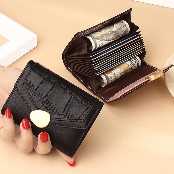 

card holders genuine leather mini wallet lady girl purse bag 2021 multi-function soft cowhide women fashion clutch, Brown;gray
