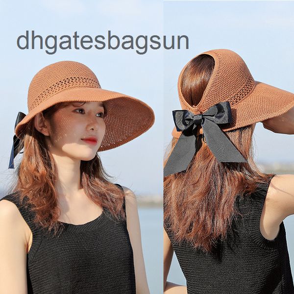 

brand cap and carves summer hat 2022 new open sunscreen female mesh bow sun hollow big edge straw, Blue;gray
