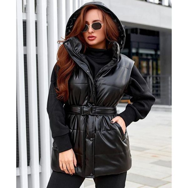 

women's vests agong solid simple zipper women fashion collected waisted coats elegant hooded pu cotton female ladies, Black;white