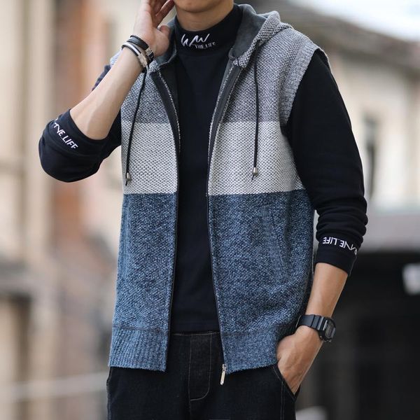 

mens vest men winter jackets warm knitted sweater vests casual coats male fashion hooded waistcoat zipper sleeveless men's, Black;white