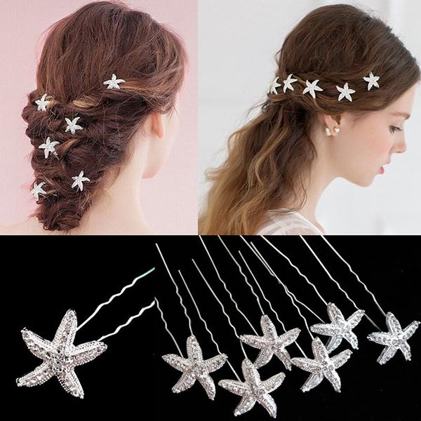 

hair clips & barrettes white 6 sets shiny wedding hairpin starfish rhinestone pearl u-shaped bun bride stick queen jewelry ornament fork acc, Golden;silver