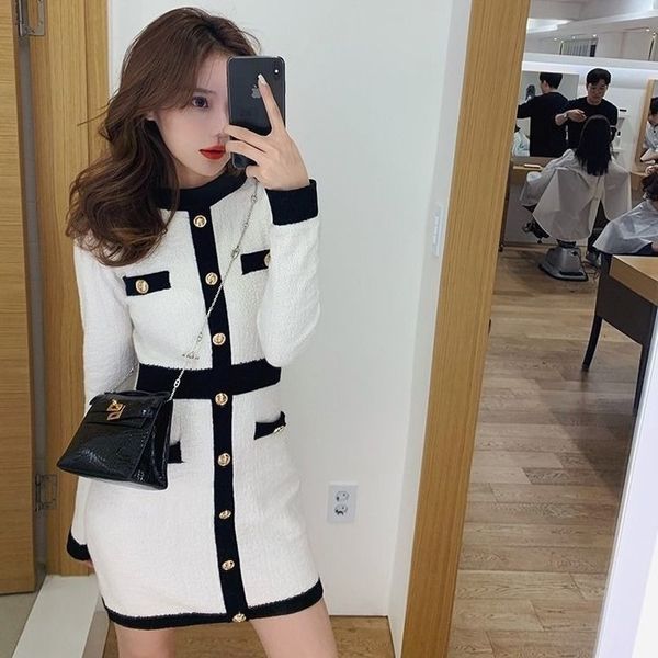 

2021qweek knitted one-piece dress korean fashion winter white women knit bodycon dress elegant long sleeve dress knitwear for women, Black;gray