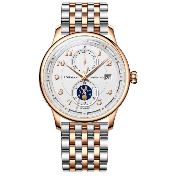 

wristwatches borman mens automatic watches luxury male watch fashion self wind mechanical wristwatch waterproof sapphire month date 24 hours, Slivery;brown