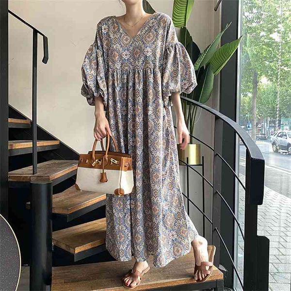 

korean chic ethnic style abstract totem print v-neck loose swing lantern sleeve dress long skirt, Black;gray