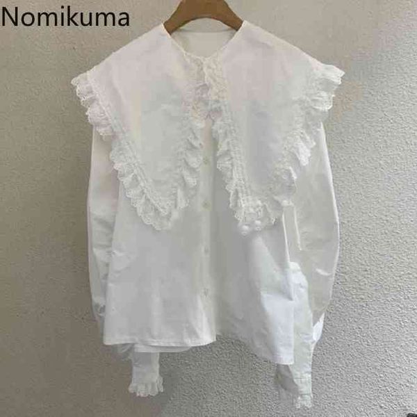 

nomikuma big turn down collar long sleeve blouse women chemise mujer single breasted lace patchwork elegant shirts blusas mujer 210514, White