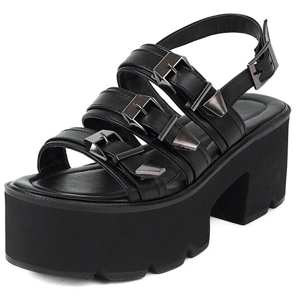 

sandals ribetrini 2021 arrivals open toe platform chunky heels buckle women's gothic metal black fashion brand shoes woman