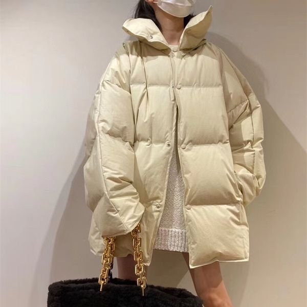 

family b's new 20 winter beige apricot down jacket women's coat loose profile stand collar removable medium length, Black
