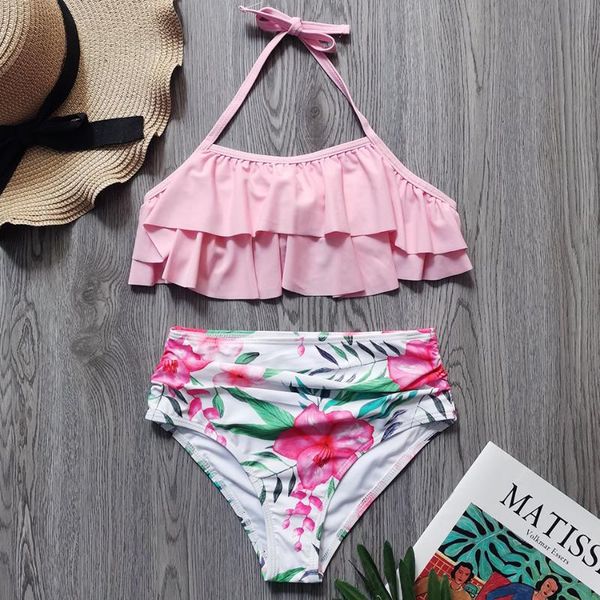 

ruffle girl swimsuit kids floral two piece children's swimwear high waist bikini set halter bathing suit beachwear one-piece suits
