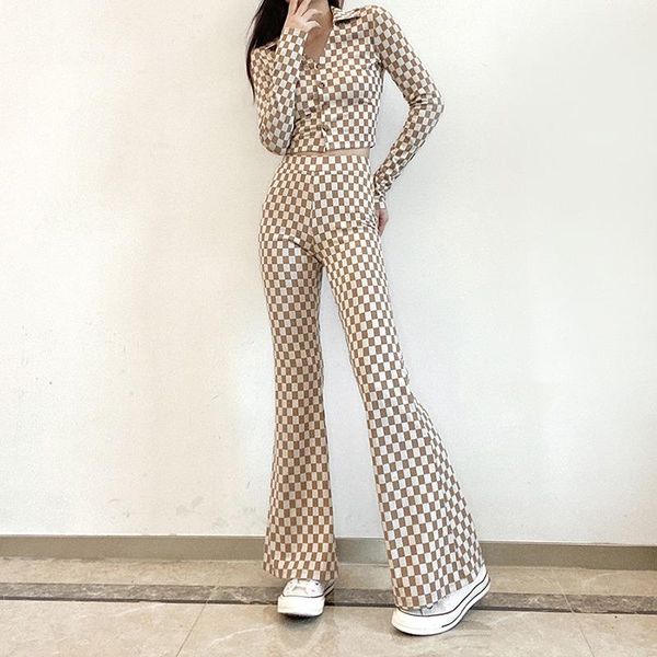 

women's pants & capris women two-piece set vintage plaid long sleeve short high waist flare fashion trousers spring autumn, Black;white