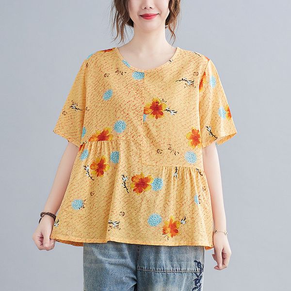 

women's blouses & shirts 2021 arrival summer women loose short sleeve o-neck blouse all-matched vintga print cotton linen casual w281 3, White