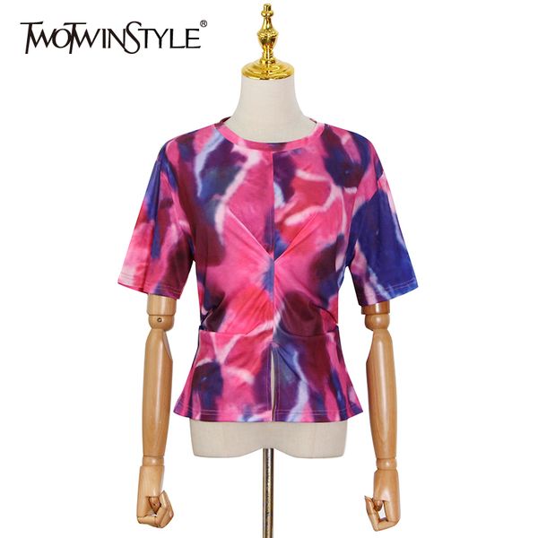 

twowinsyle ie dye straight shirt for women o neck short sleeve casual loose hit color shirts female korean summer fashion 210524, White