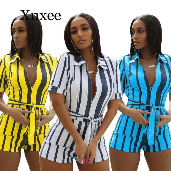 

plus size striped playsuits shorts jumpsuit women front zipper turn down collar short sleeve casual romper summer overalls belt women's, Black;white