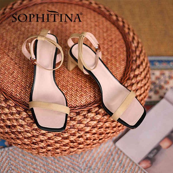 

sophitina women shoes sandals summer genuine leather square heel square toe dressing stylish ankle buckle concise fo336 210513, Black