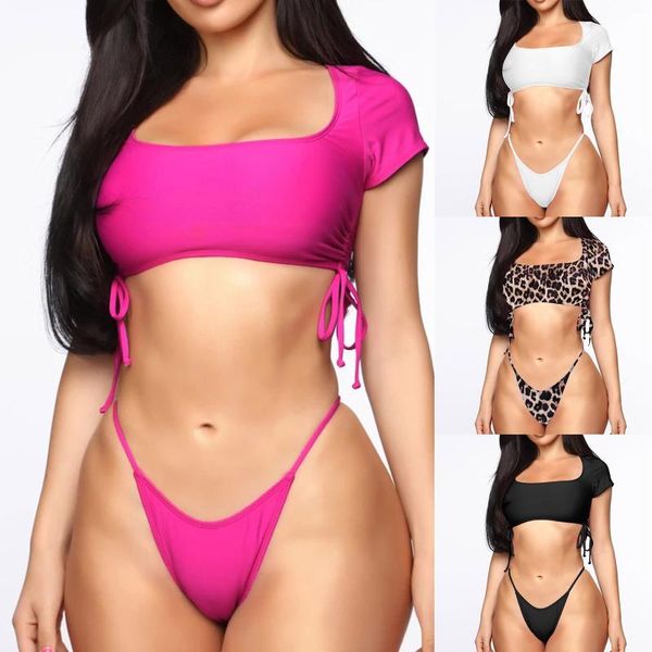 

spring summer women solid swimwear bikinis set swimsuit push lace up thong leopard brazilian beachwear bathing suits women's, White;black