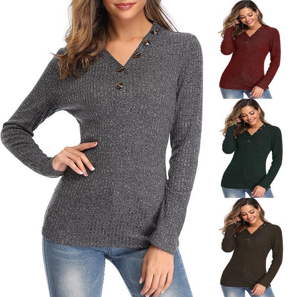 

women's t-shirt style 2021 autumn/winter v-neck button up sweater long sleeve slim solid pullover knitwear simple but stunning women, White