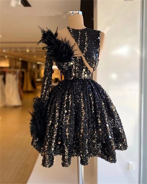 

black one shoulder prom dresses for women 2022 feathers sequined short mermaid party dress mini cocktail homecoming233e