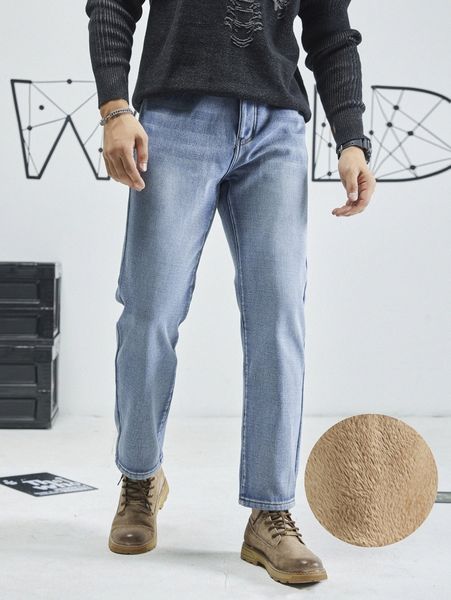 

men thermal washed straight leg jeans r2rc#, Blue