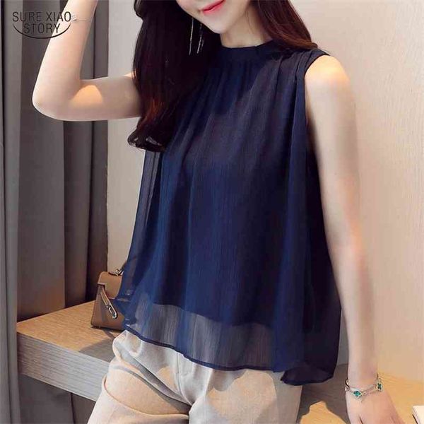 Sommer Koreanischen Stil Ärmellose Chiffon Bluse Weibliche Büro Dame Tops Plain Basis Shirt Lose Oansatz Weste 9458 50 210506