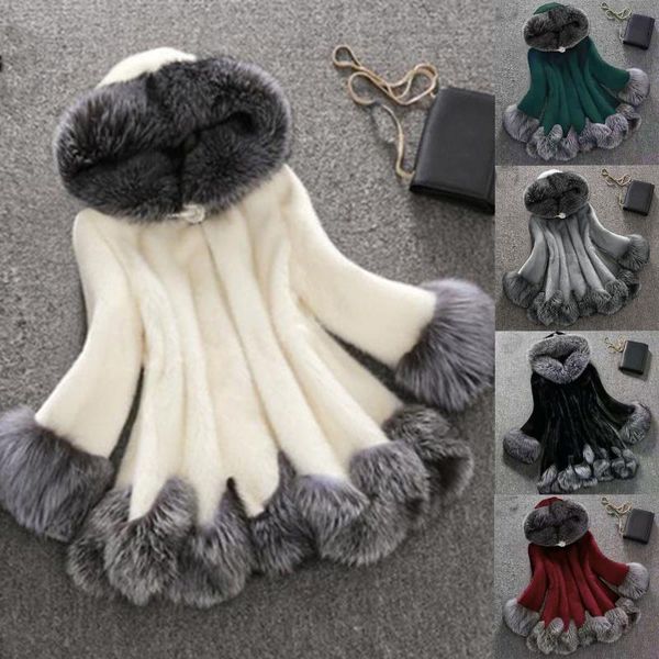 

women's fur & faux 2021 winter chic women plush long sleeve hooded button overcoat outwear coat casual oversize jacket, Black