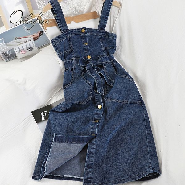 Verão Mulheres Jeans Sundress Geral Belted Blue Single Single Feminino Casual Denim Dress 210415