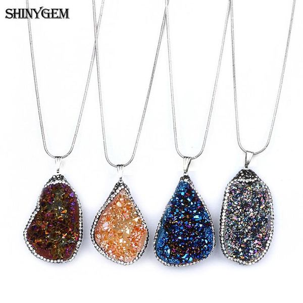 

pendant necklaces shinygem big druzy stone pave cubic zircon irregular mineral crystal necklace brazil for women, Silver