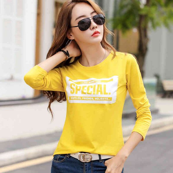 

women's t-shirt female shirts printed, long sleeve t-shirt, feminine, korean style, cotton casual, vx2n, White