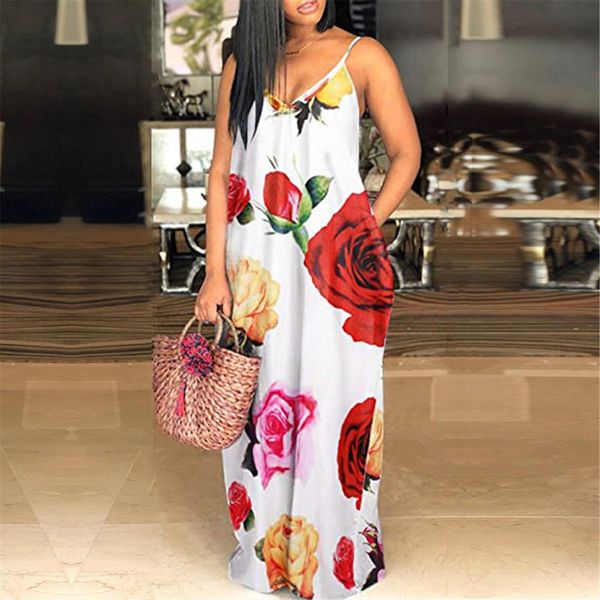 

plus size pocket v neck women dress printing sleeveless loose casual sling long vestidos de verano free, Black;gray