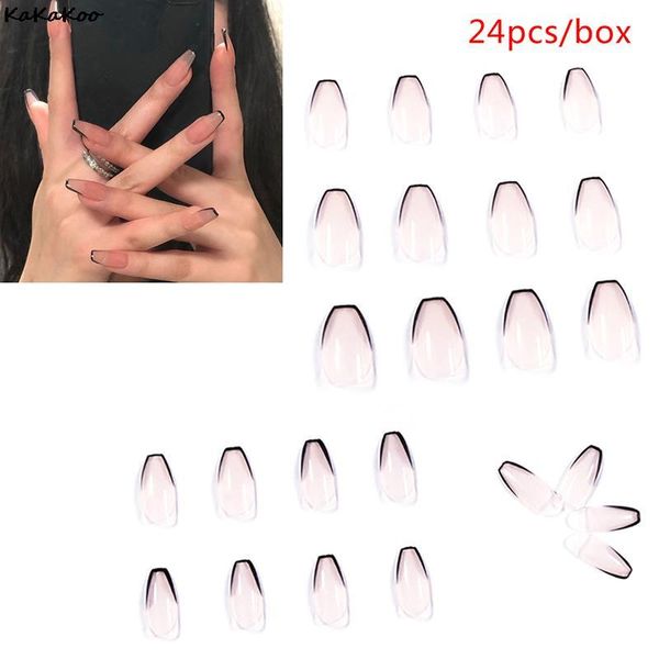 

false nails 24pc black border wear long paragraph fashion manicure patch nail full cover wearable coffin fake matte ballerina art, Red;gold