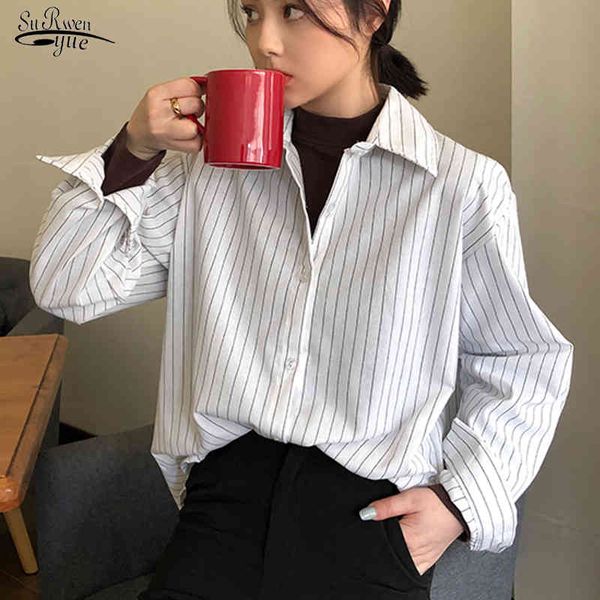 

autumn plus size women striped shirt casual long sleeve cardigan loose blouse female ladies blusas mujer de moda 11097 210508, White