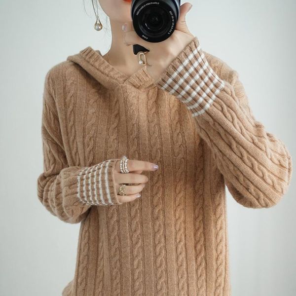 

women's sweaters 2021 100% pure wool sweater hooded loose thick twist pullover autumn and winter knitted jacket, White;black
