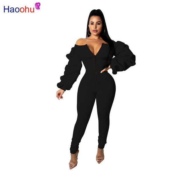 

women's jumpsuits & rompers haoohu women skinny solid long sleeve cotton slash neck zippers jumpsuit bodysuit yellow,black,gray,bl, Black;white