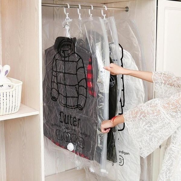 

storage bags transparent hanging vacuum bag folding coat clothes sealed pouch sack space saving compression
