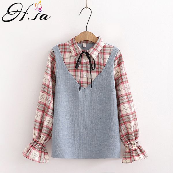 

hsa women casual blouses flar sleeve plaid spring outwear bow tie pink knit vest fake 2 pcs korean girls college 210417, White