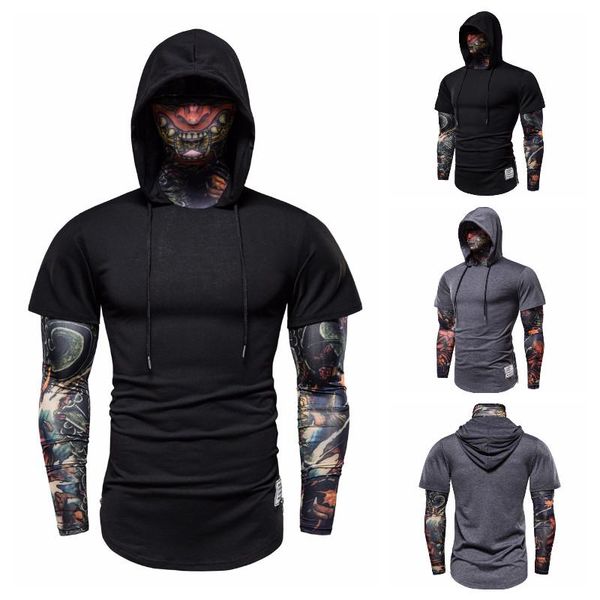 

men's print mask hooded slim hip hop stretch fitness long sleeve t-shirt t-shirts, White;black