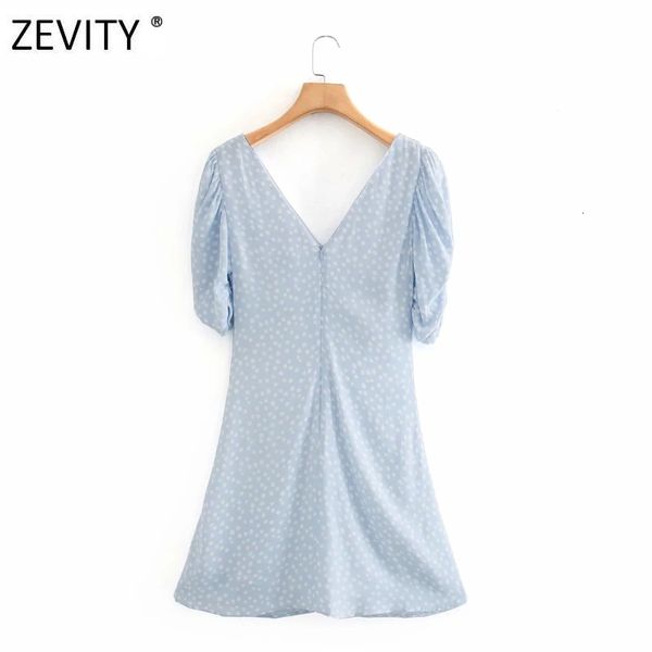 

zevity women fashion v neck dots print pleated mini female pleats sleeve vestidos chic back zipper es ds4188, White;black