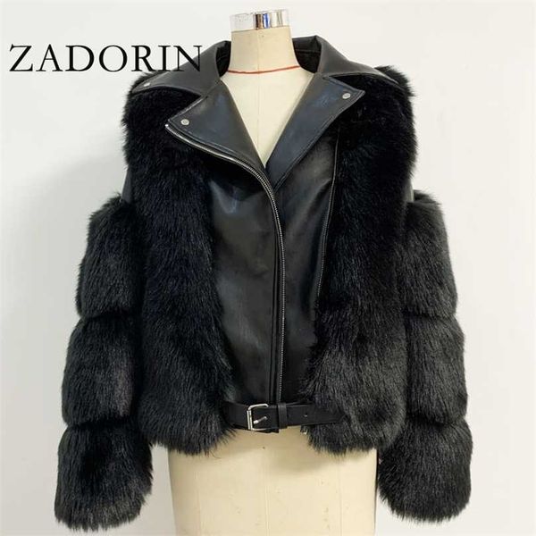 

zadorin fashion luxury faux fur coat motorcycle pu leather turn down collar warm faux fur jacket women winter 211123, Black