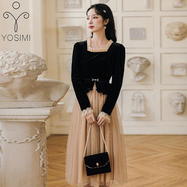 

casual dresses yosimi 2021 autumn vintage black patchwork khaki mesh fake set mid-calf square collar long sleeve evening party women dress, Black;gray