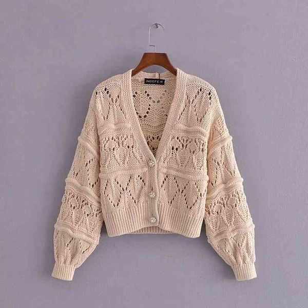 

women fashion hollow out long sleeve cardigan spring za v-neck single breasted autumn sweater blouse chic elegant 210521, White