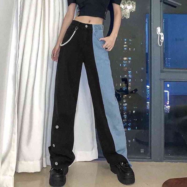 

women's jeans luck a women loose high waist split ladys wide leg long trousers cowboy streetwear female patchwork hip hop pants 2ycf, Blue