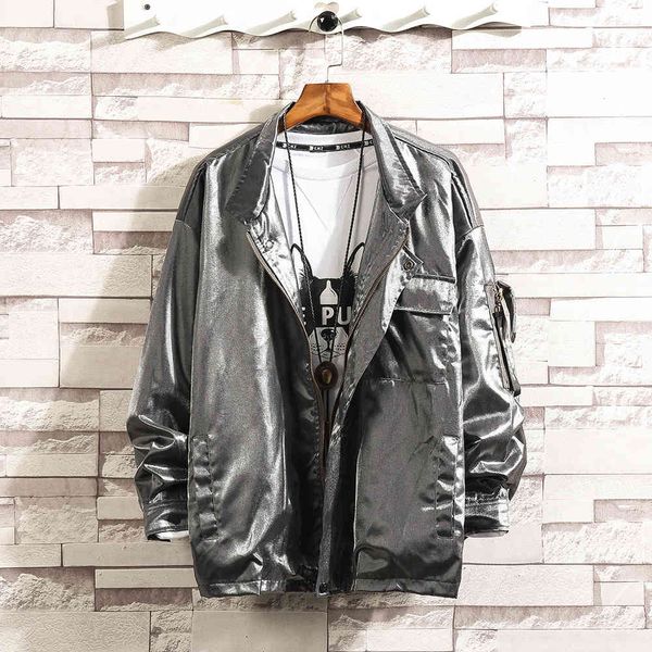 

fashion jacket spring and autumn bright stand collar men's solid performance large long sleeve wear, Black;brown