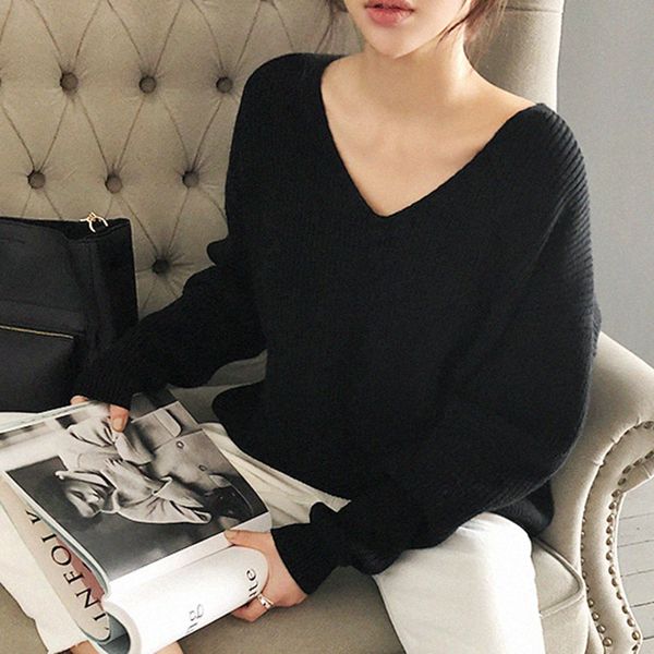 

women's sweaters spring autumn korean version simple v-neck loose fashion irregular hem knitted sweater women solid color long sleeve 7, White;black