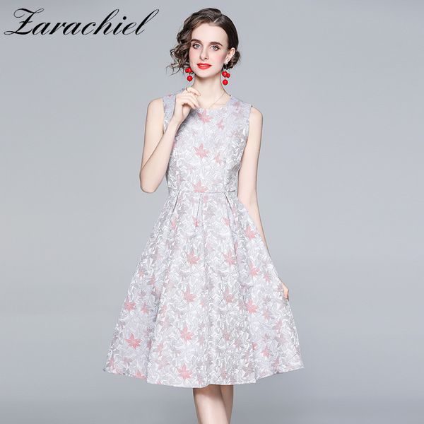 Été femmes broderie florale Jacquard robes fête taille haute balançoire Midi décontracté femme sans manches débardeur robe Vestidos 210416