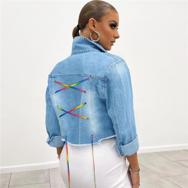 

women's jackets vintage denim jacket women casual lace up long sleeve short coats fashion autumn button jeans ladies loose streetwear, Black;brown